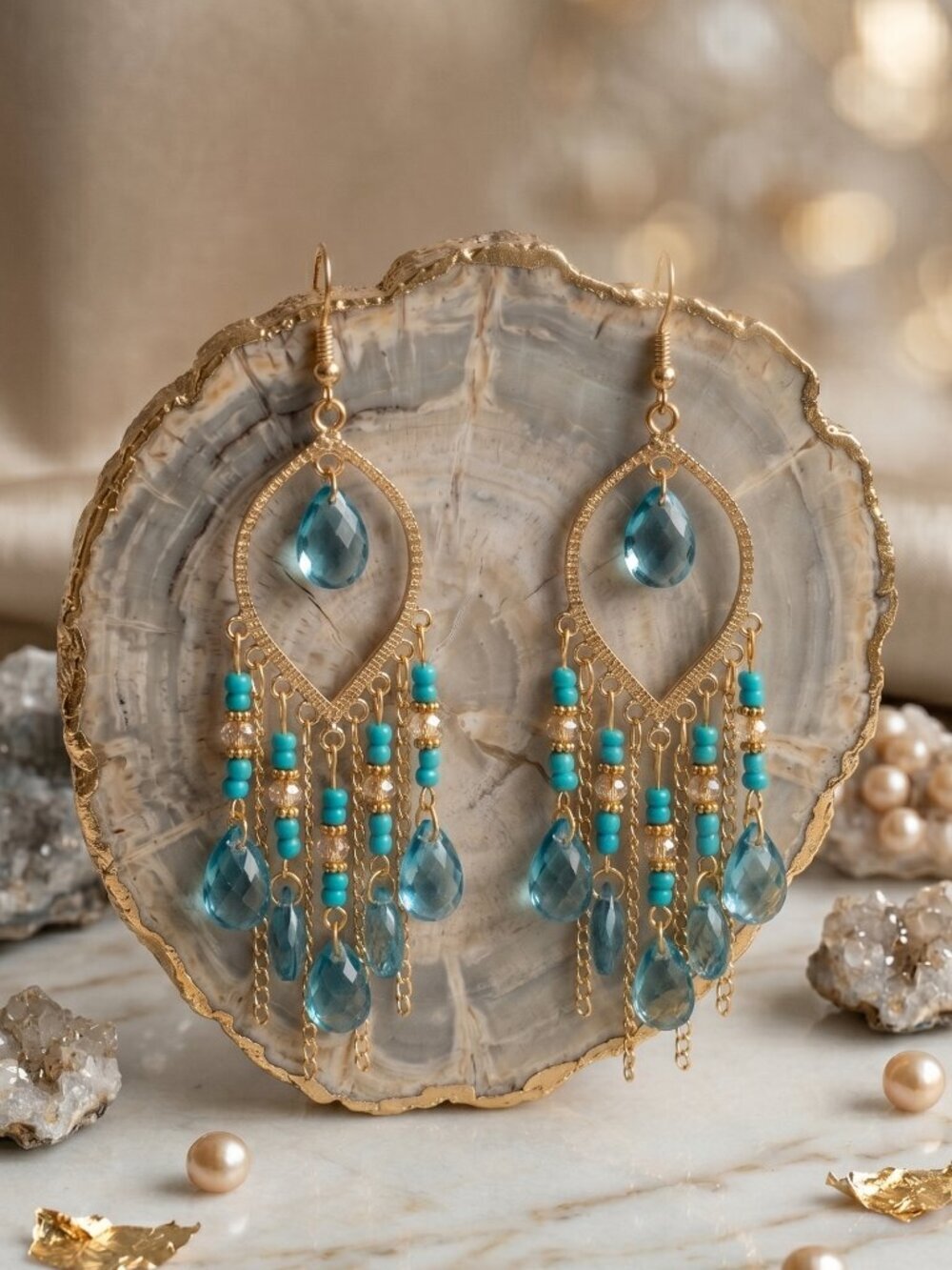 Gold Chandelier Earrings Turquoise Crystal Boho Regency Statement Maximalist 4"